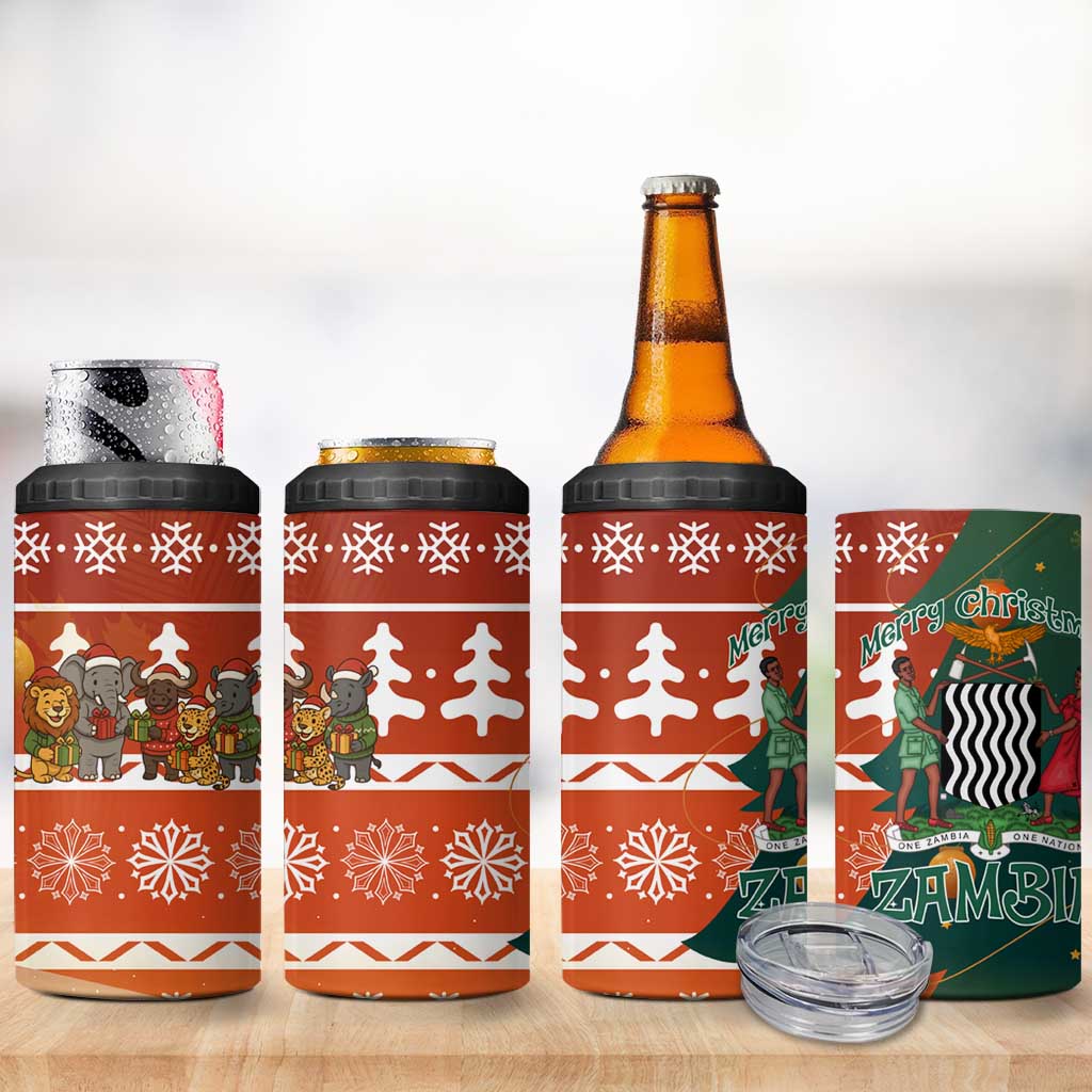Zambia Christmas 4 in 1 Can Cooler Tumbler African Animals Tree Snowflakes and National Emblem - African Pride