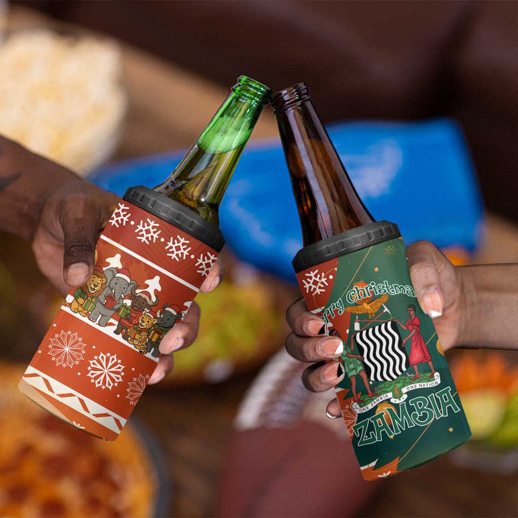 Zambia Christmas 4 in 1 Can Cooler Tumbler African Animals Tree Snowflakes and National Emblem - African Pride