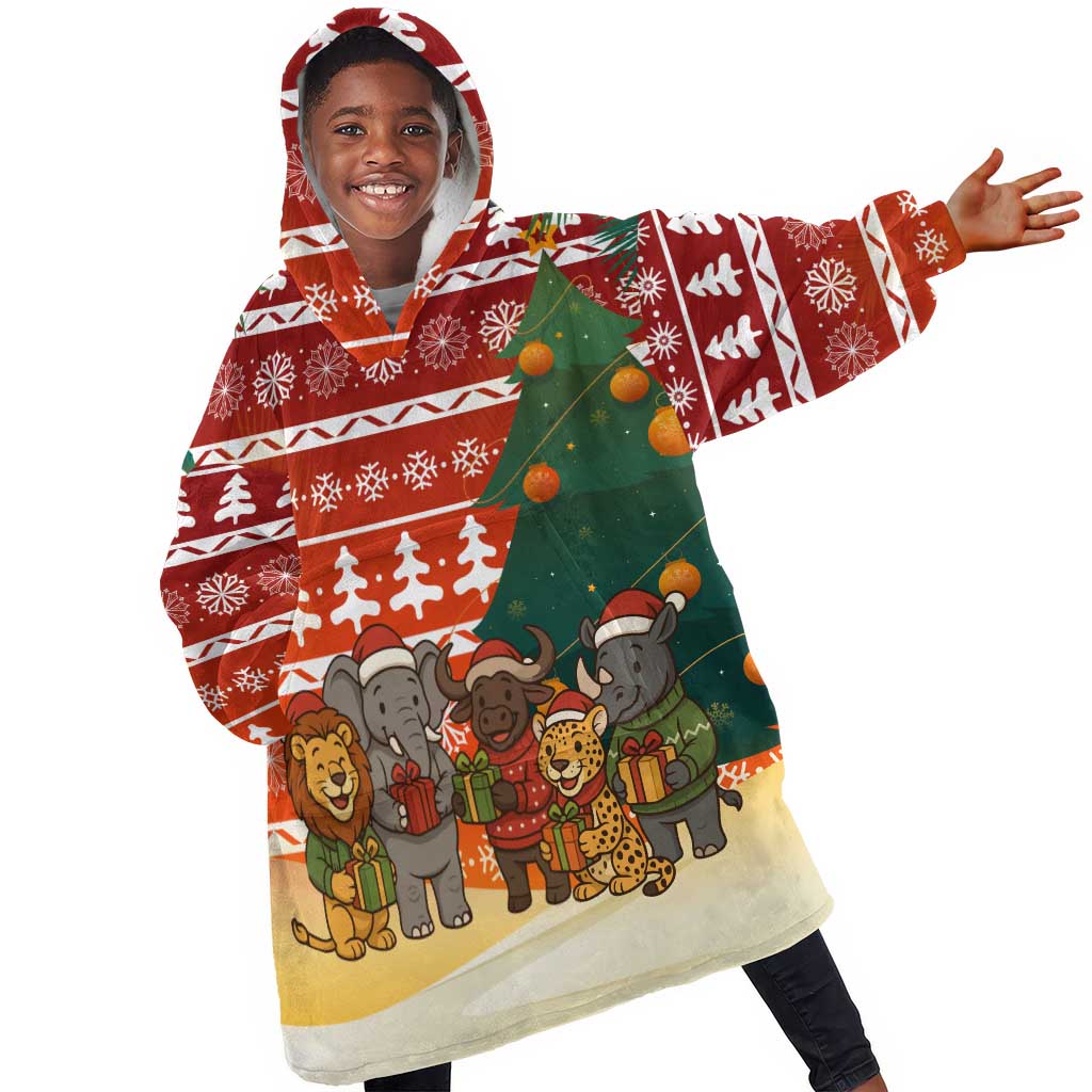 Zambia Christmas Kid Wearable Blanket Hoodie African Animals Tree Snowflakes and National Emblem - African Pride