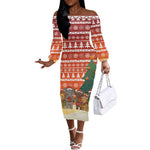 Zambia Christmas Off The Shoulder Long Sleeve Dress African Animals Tree Snowflakes and National Emblem - African Pride