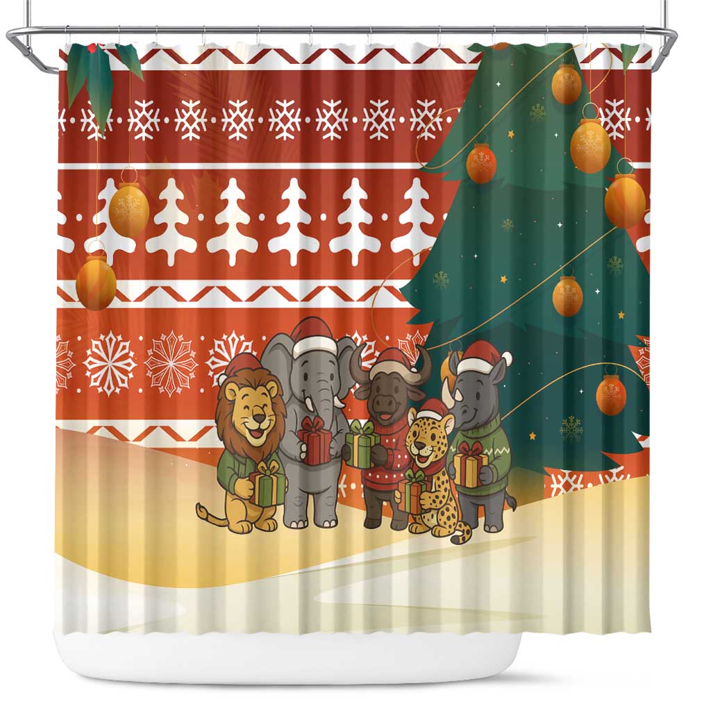Zambia Christmas Shower Curtain African Animals Tree Snowflakes and National Emblem - African Pride