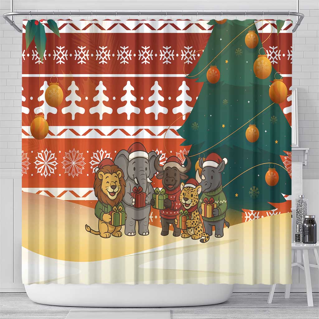 Zambia Christmas Shower Curtain African Animals Tree Snowflakes and National Emblem - African Pride
