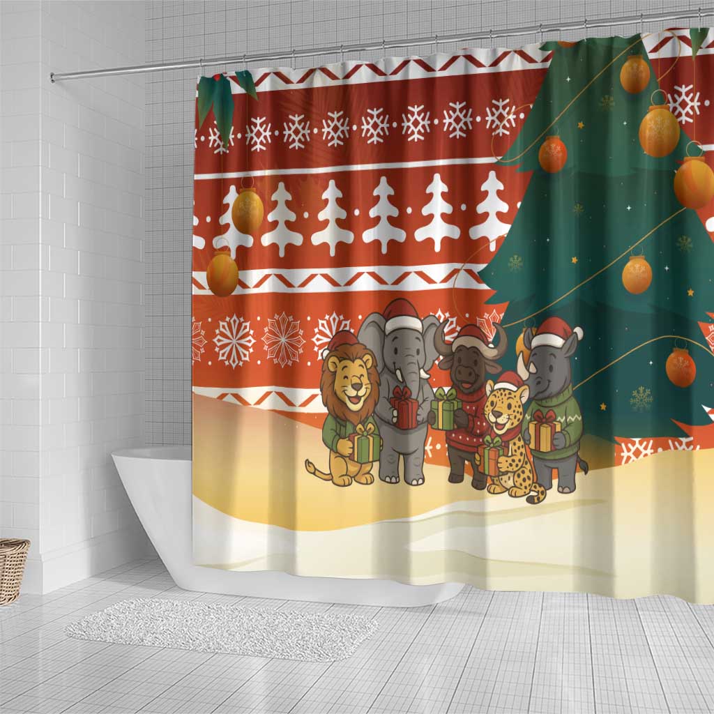 Zambia Christmas Shower Curtain African Animals Tree Snowflakes and National Emblem - African Pride
