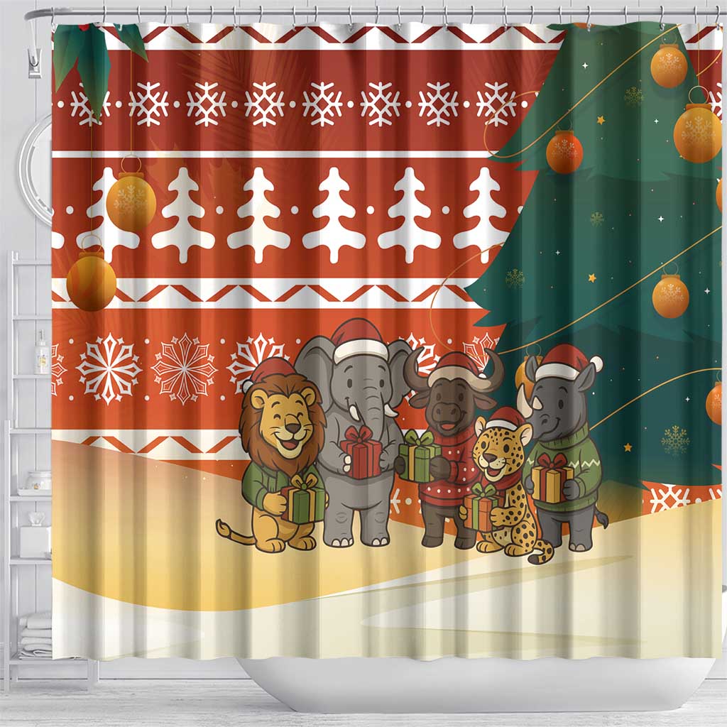 Zambia Christmas Shower Curtain African Animals Tree Snowflakes and National Emblem - African Pride