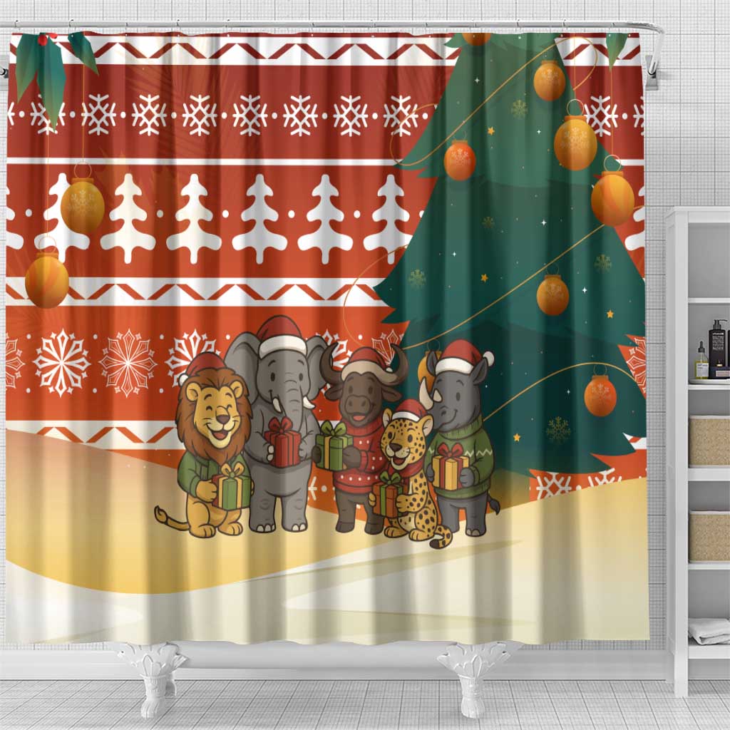 Zambia Christmas Shower Curtain African Animals Tree Snowflakes and National Emblem - African Pride