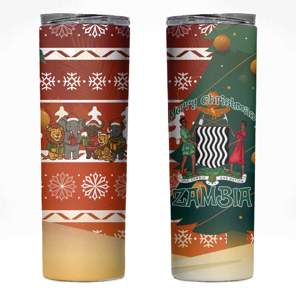 Zambia Christmas Skinny Tumbler African Animals Tree Snowflakes and National Emblem - African Pride