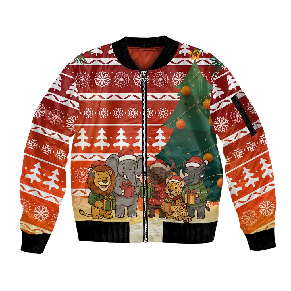 Zambia Christmas Sleeve Zip Bomber Jacket African Animals Tree Snowflakes and National Emblem - African Pride