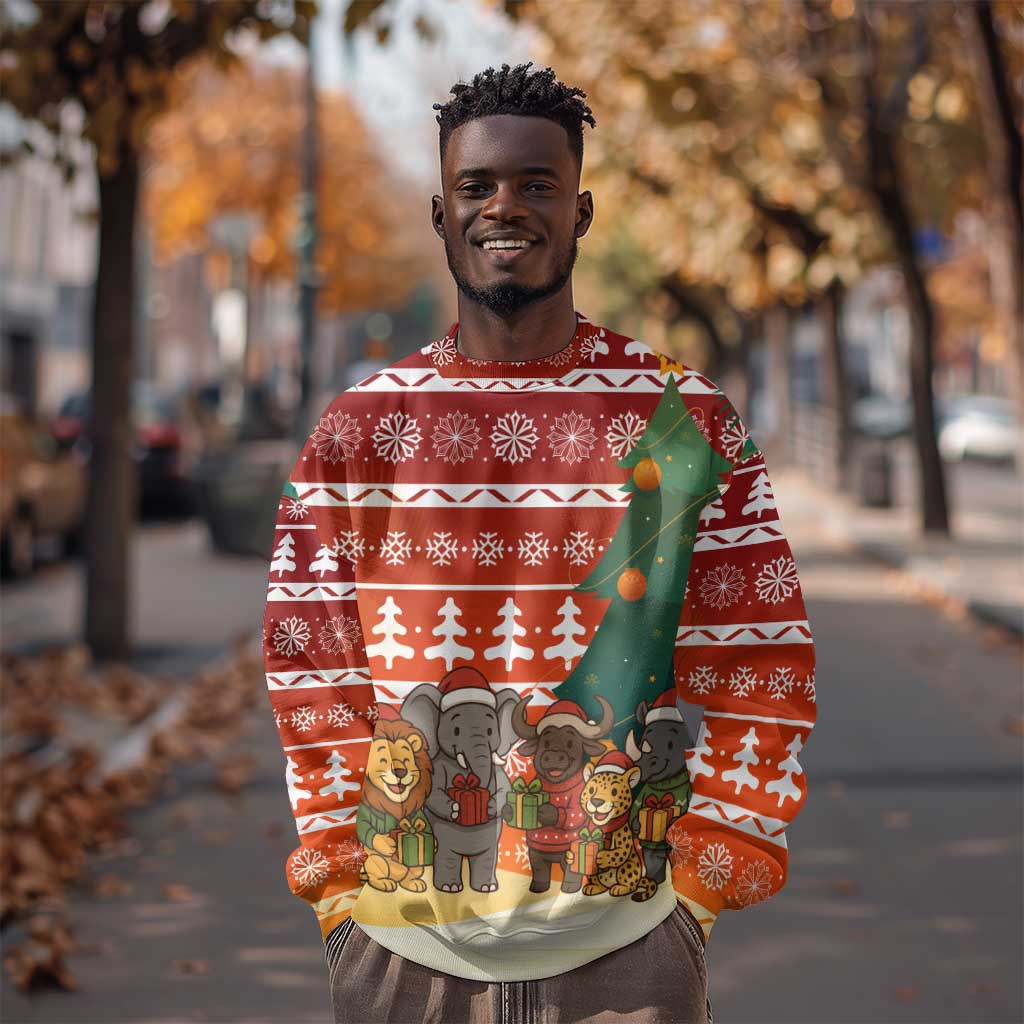 Zambia Christmas Sweatshirt African Animals Tree Snowflakes and National Emblem - African Pride