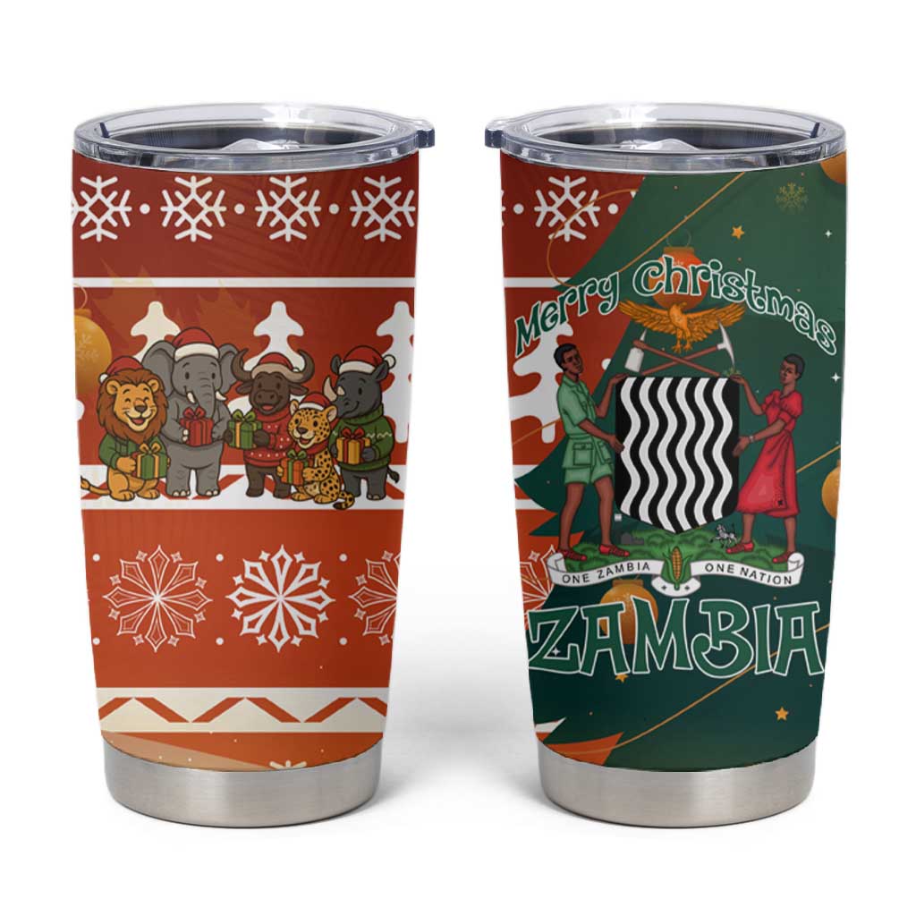 Zambia Christmas Tumbler Cup African Animals Tree Snowflakes and National Emblem - African Pride