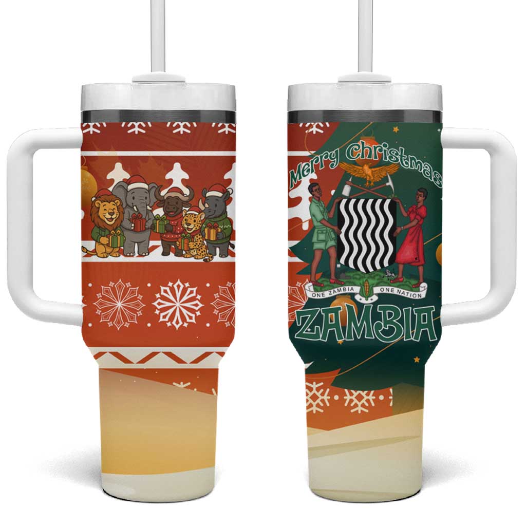 Zambia Christmas Tumbler With Handle African Animals Tree Snowflakes and National Emblem - African Pride
