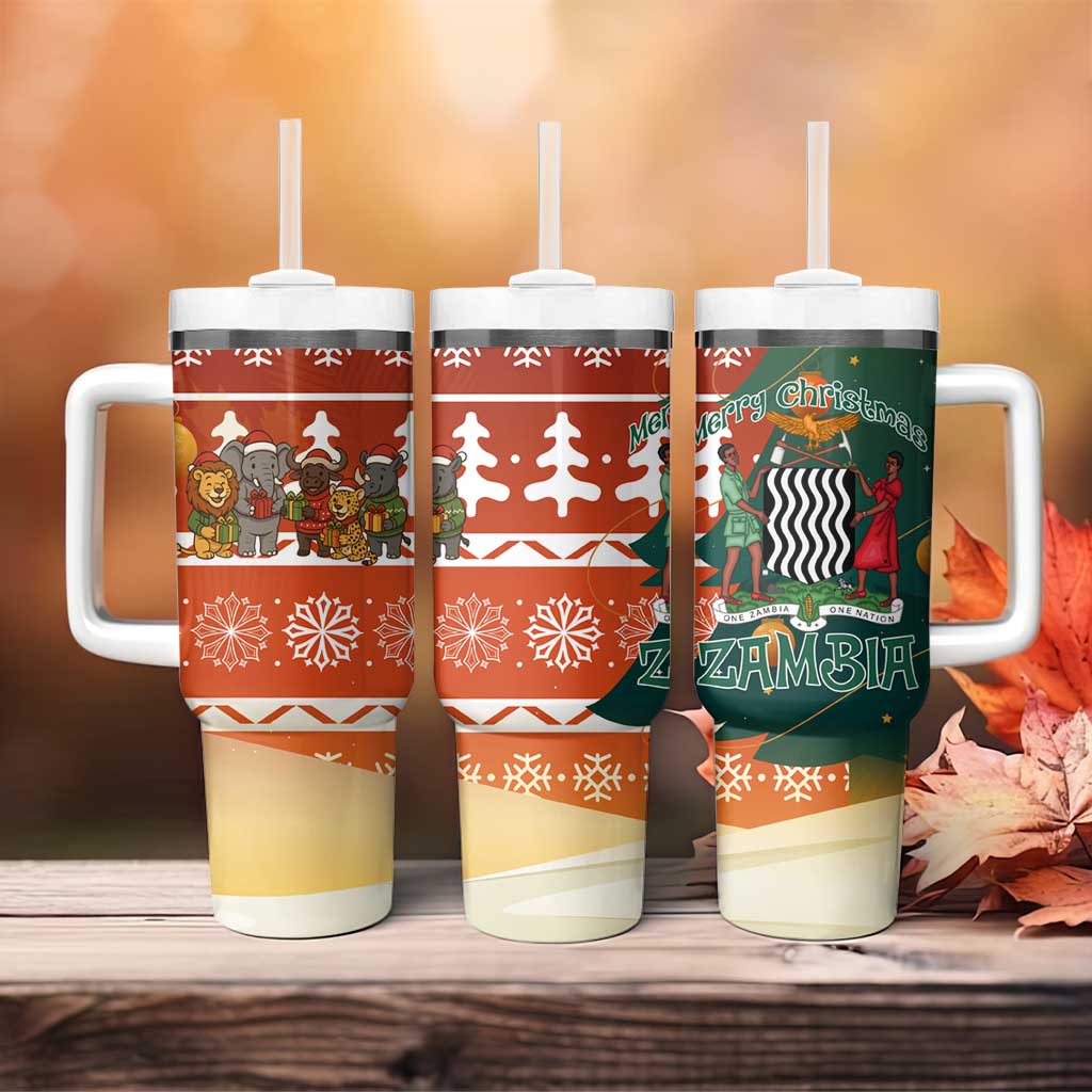 Zambia Christmas Tumbler With Handle African Animals Tree Snowflakes and National Emblem - African Pride