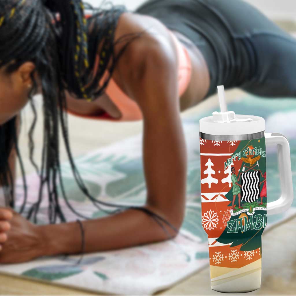 Zambia Christmas Tumbler With Handle African Animals Tree Snowflakes and National Emblem - African Pride