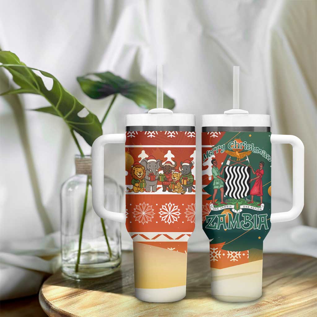 Zambia Christmas Tumbler With Handle African Animals Tree Snowflakes and National Emblem - African Pride