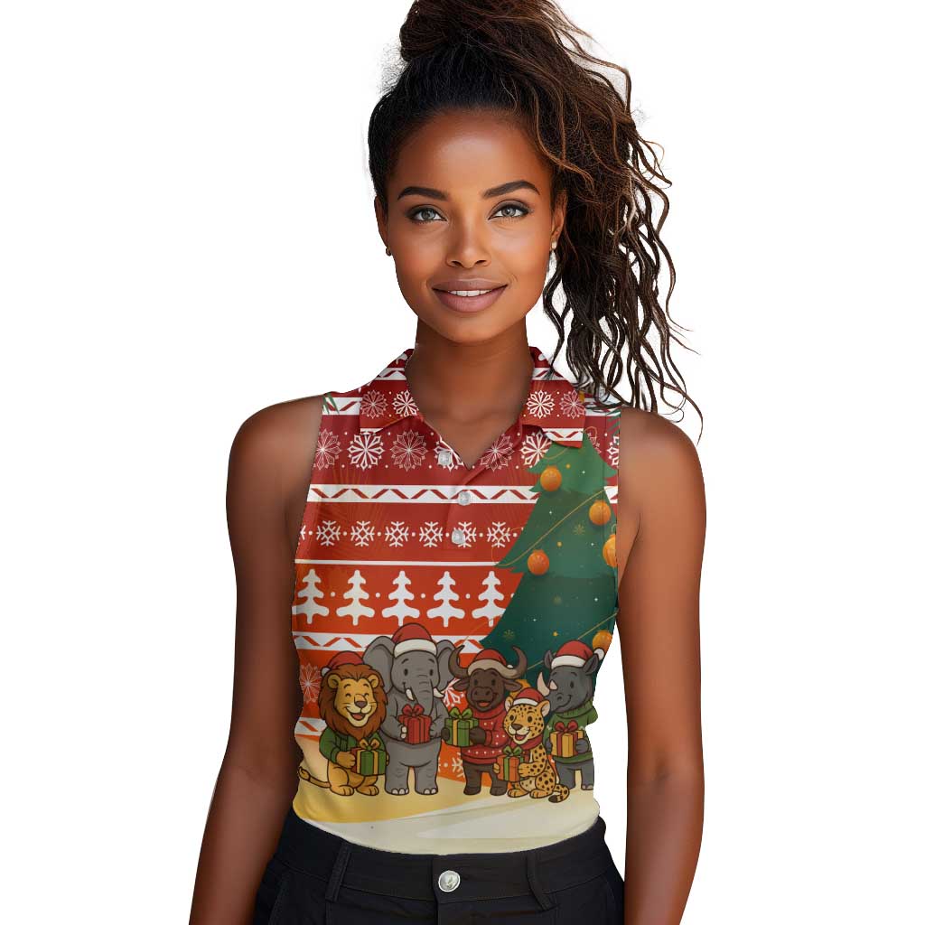 Zambia Christmas Women Sleeveless Polo Shirt African Animals Tree Snowflakes and National Emblem - African Pride