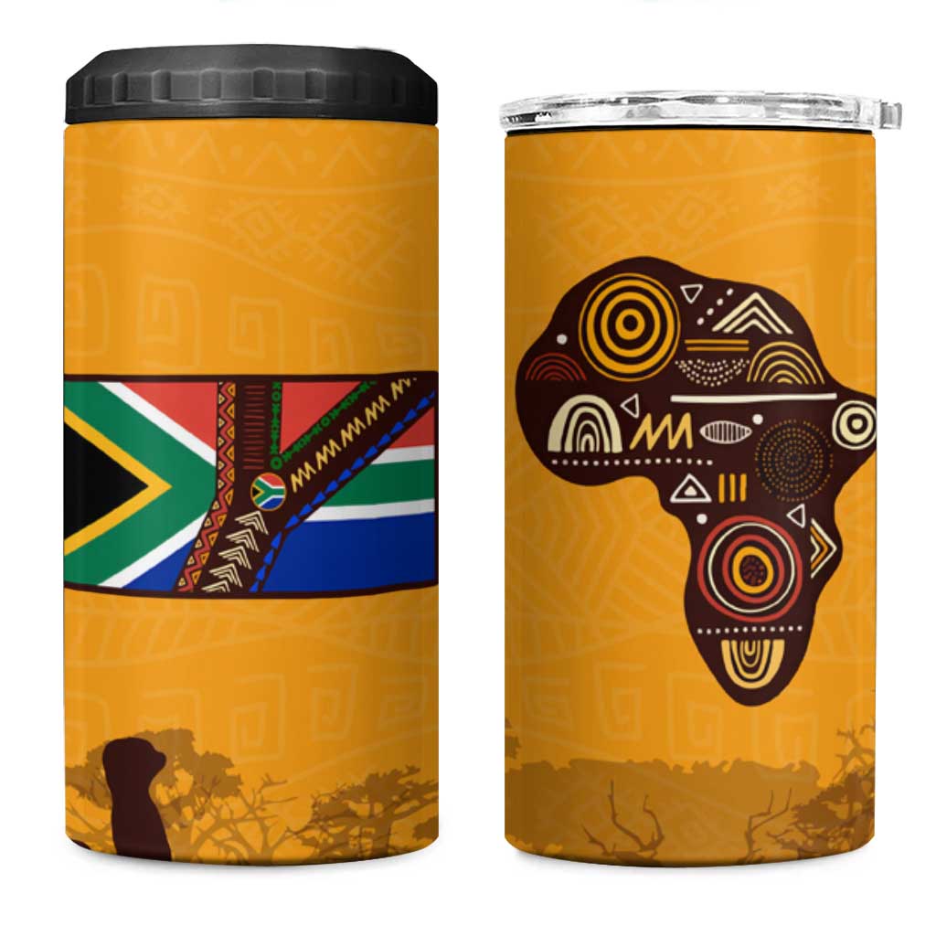 South Africa Flag 4 in 1 Can Cooler Tumbler Tribal Africa Heritage - Wildlife Silhouettes in Earthy