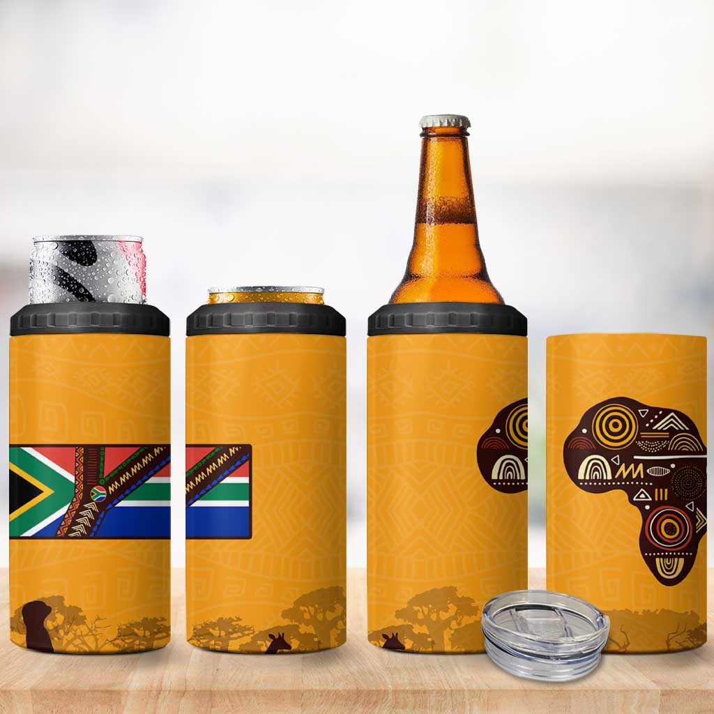 South Africa Flag 4 in 1 Can Cooler Tumbler Tribal Africa Heritage - Wildlife Silhouettes in Earthy