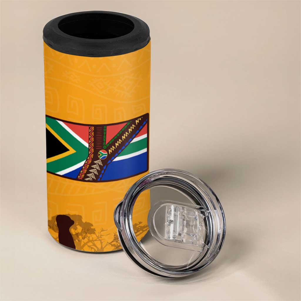South Africa Flag 4 in 1 Can Cooler Tumbler Tribal Africa Heritage - Wildlife Silhouettes in Earthy