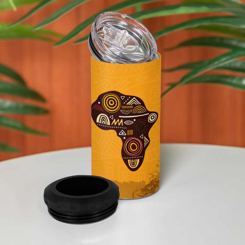 South Africa Flag 4 in 1 Can Cooler Tumbler Tribal Africa Heritage - Wildlife Silhouettes in Earthy