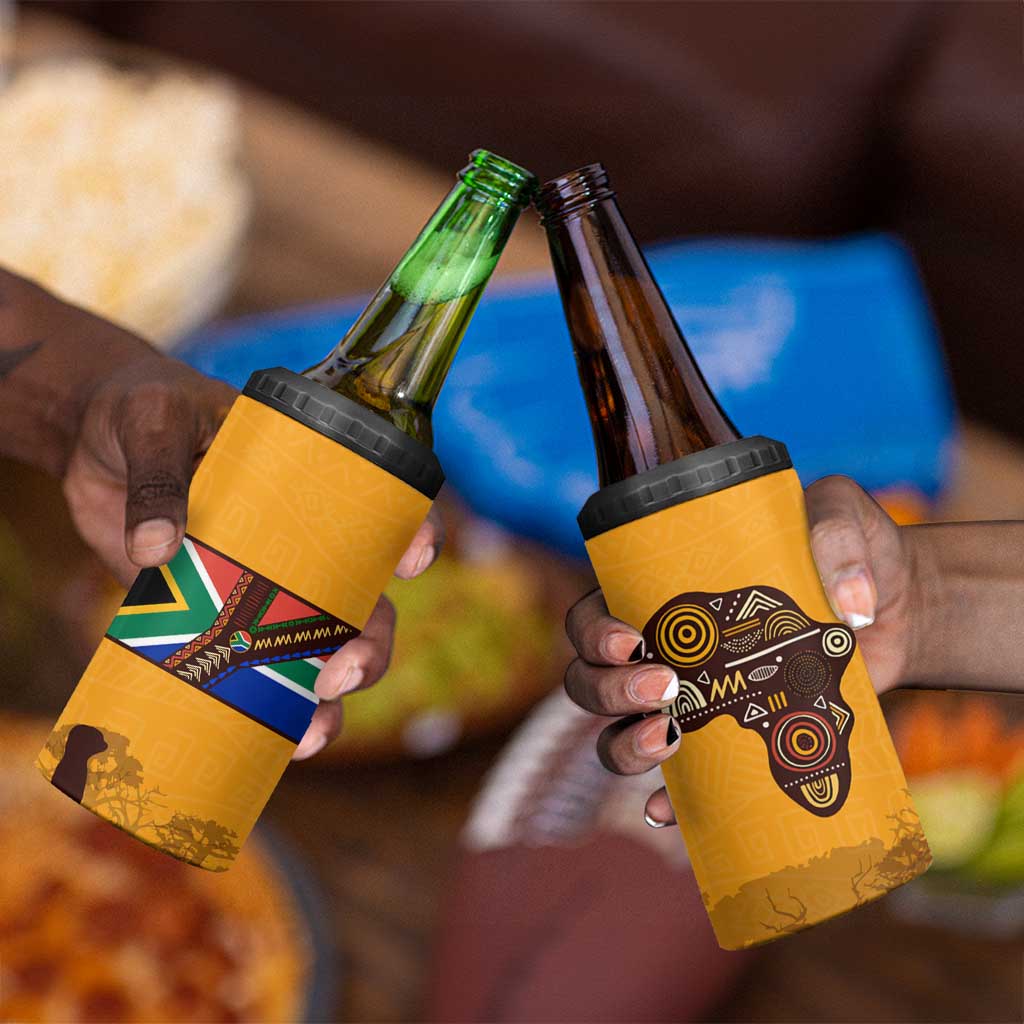 South Africa Flag 4 in 1 Can Cooler Tumbler Tribal Africa Heritage - Wildlife Silhouettes in Earthy