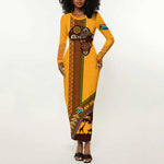South Africa Flag Long Sleeve Bodycon Dress Tribal Africa Heritage - Wildlife Silhouettes in Earthy TS04