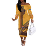 South Africa Flag Off The Shoulder Long Sleeve Dress Tribal Africa Heritage - Wildlife Silhouettes in Earthy