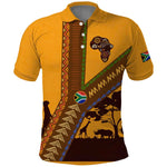 South Africa Flag Polo Shirt Tribal Africa Heritage - Wildlife Silhouettes in Earthy