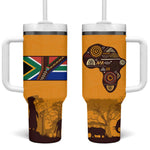 South Africa Flag Tumbler With Handle Tribal Africa Heritage - Wildlife Silhouettes in Earthy