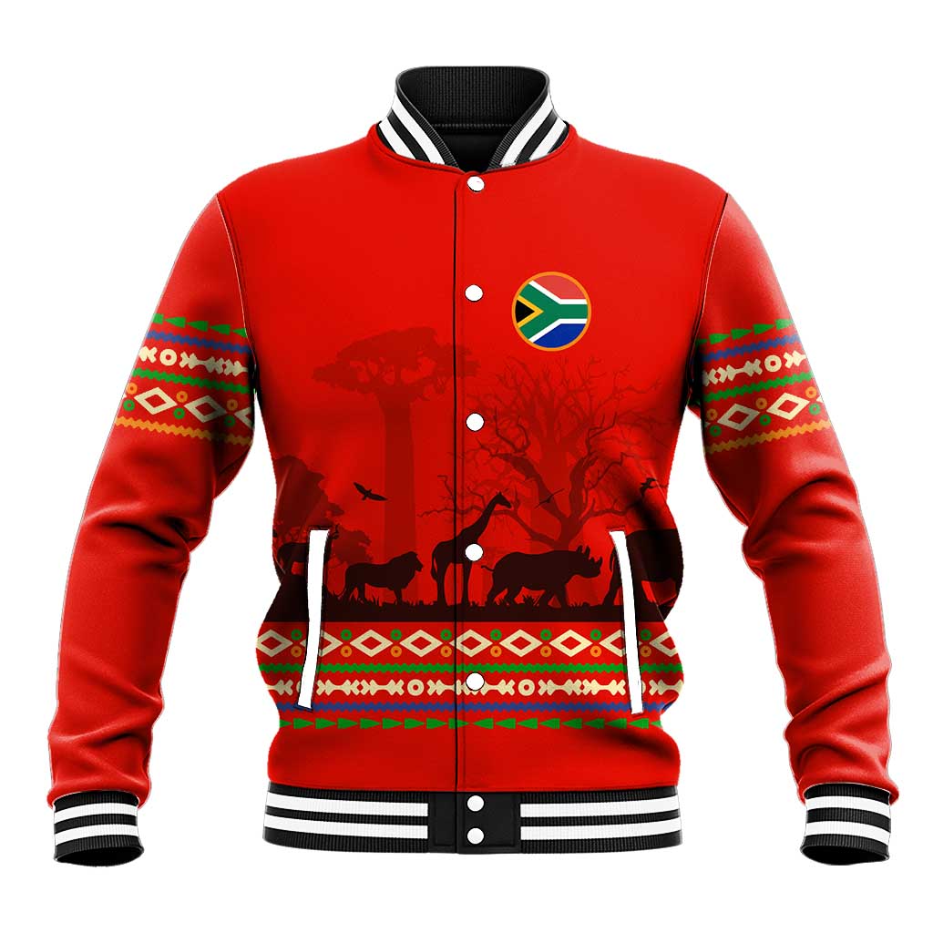 Wildlife South Africa Baseball Jacket Tribal Pattern National Flag Safari Silhouettes