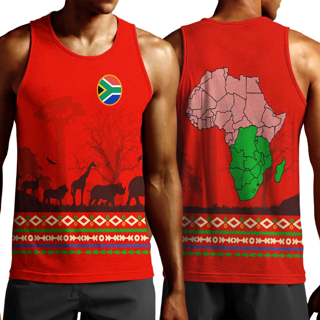 Wildlife South Africa Men Tank Top Tribal Pattern National Flag Safari Silhouettes