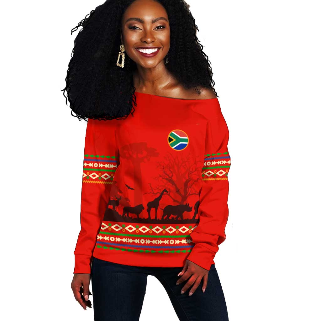 Wildlife South Africa Off Shoulder Sweater Tribal Pattern National Flag Safari Silhouettes