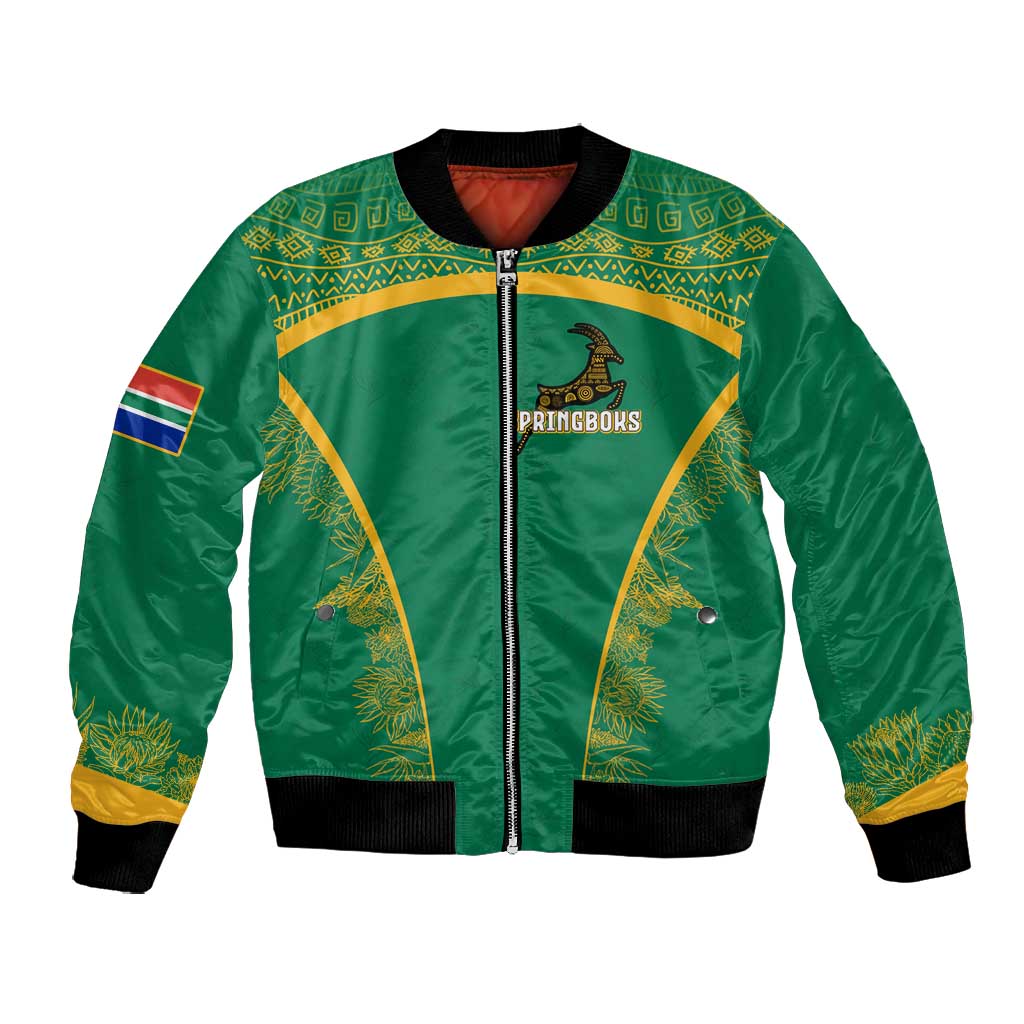 South Africa Springboks Bomber Jacket with Tribal Antelope Design and Floral Accents