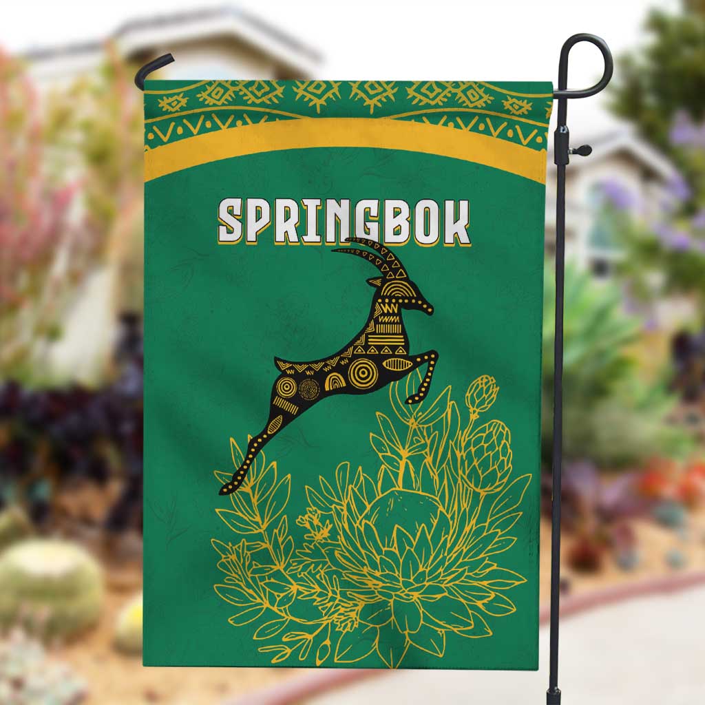 South Africa Springboks Garden Flag with Tribal Antelope Design and Floral Accents