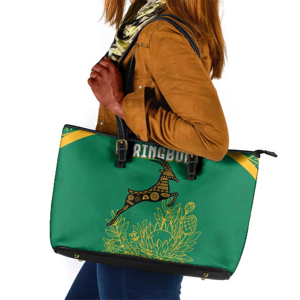 South Africa Springboks Leather Tote Bag with Tribal Antelope Design and Floral Accents