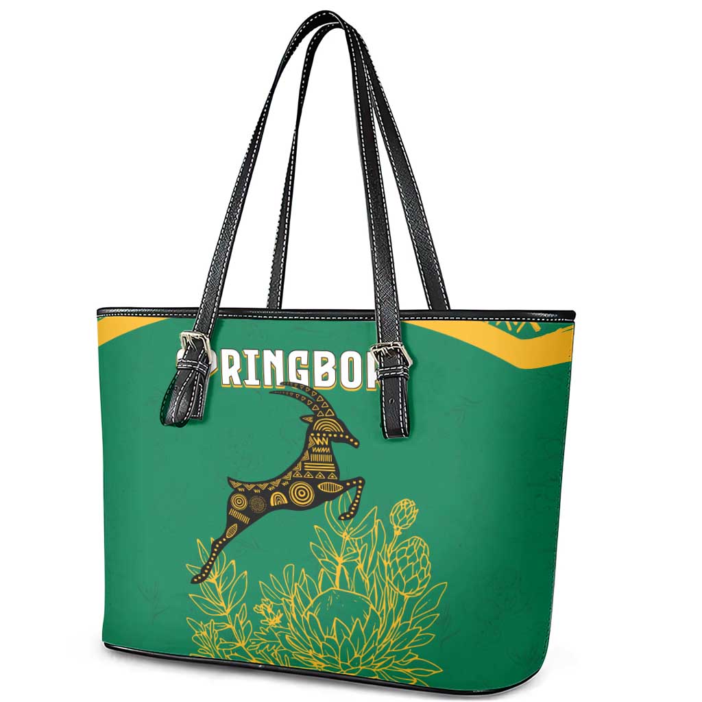 South Africa Springboks Leather Tote Bag with Tribal Antelope Design and Floral Accents