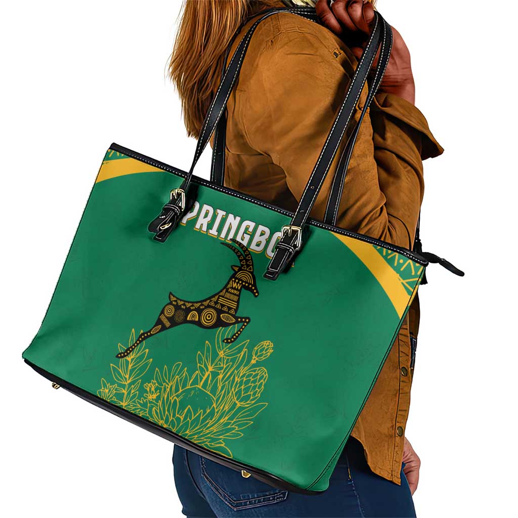 South Africa Springboks Leather Tote Bag with Tribal Antelope Design and Floral Accents