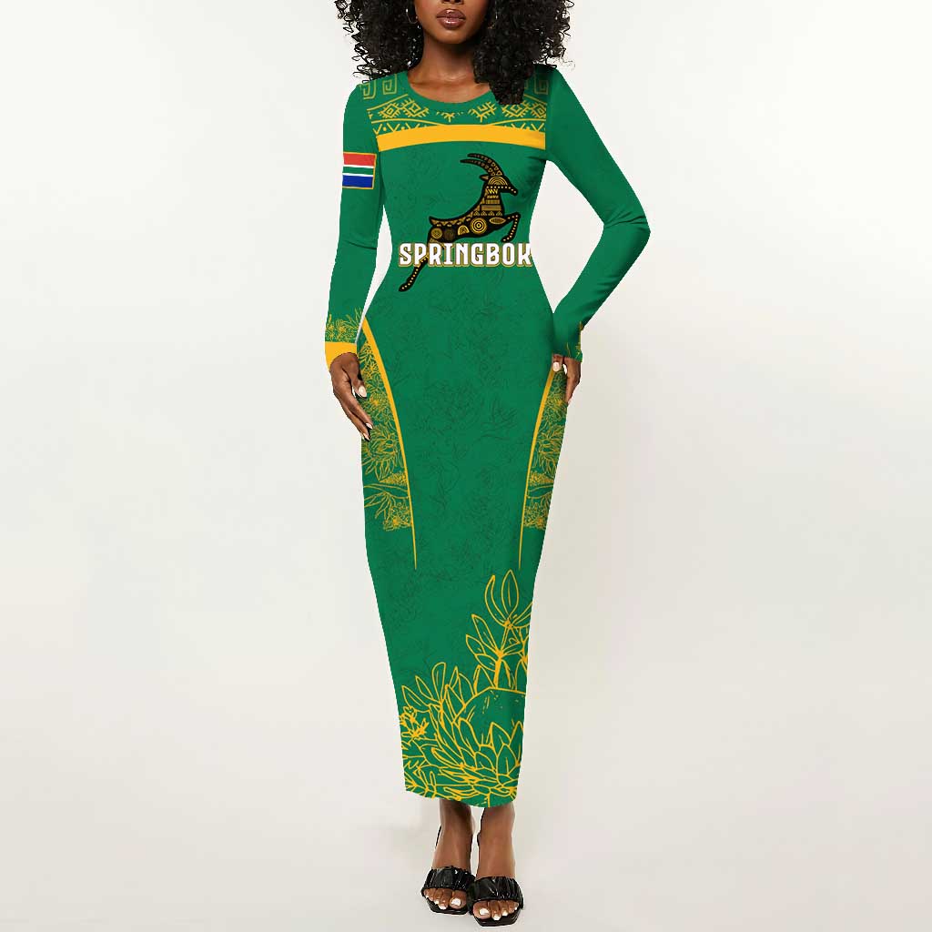 South Africa Springboks Long Sleeve Bodycon Dress with Tribal Antelope Design and Floral Accents