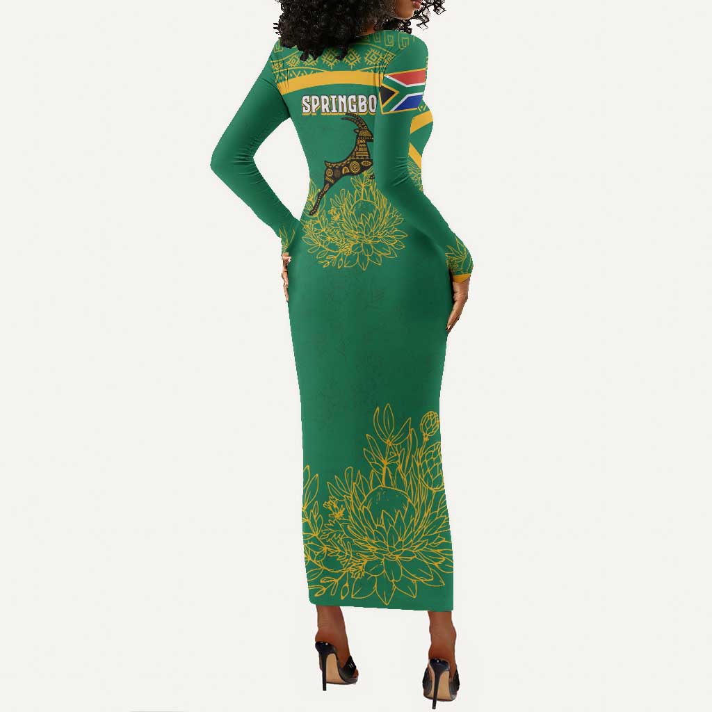 South Africa Springboks Long Sleeve Bodycon Dress with Tribal Antelope Design and Floral Accents