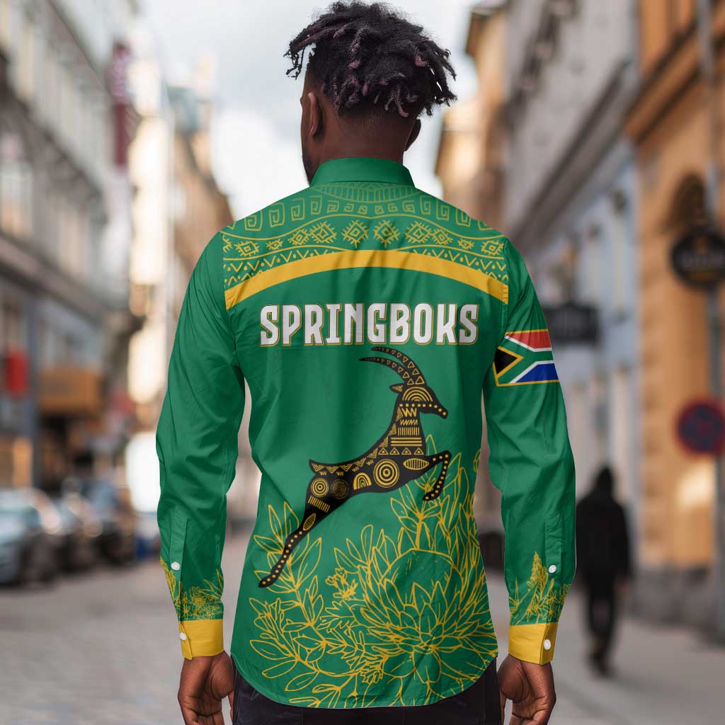 South Africa Springboks Long Sleeve Button Shirt with Tribal Antelope Design and Floral Accents