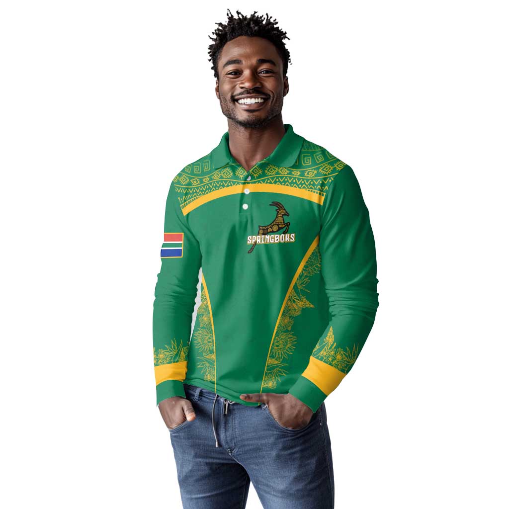South Africa Springboks Long Sleeve Polo Shirt with Tribal Antelope Design and Floral Accents