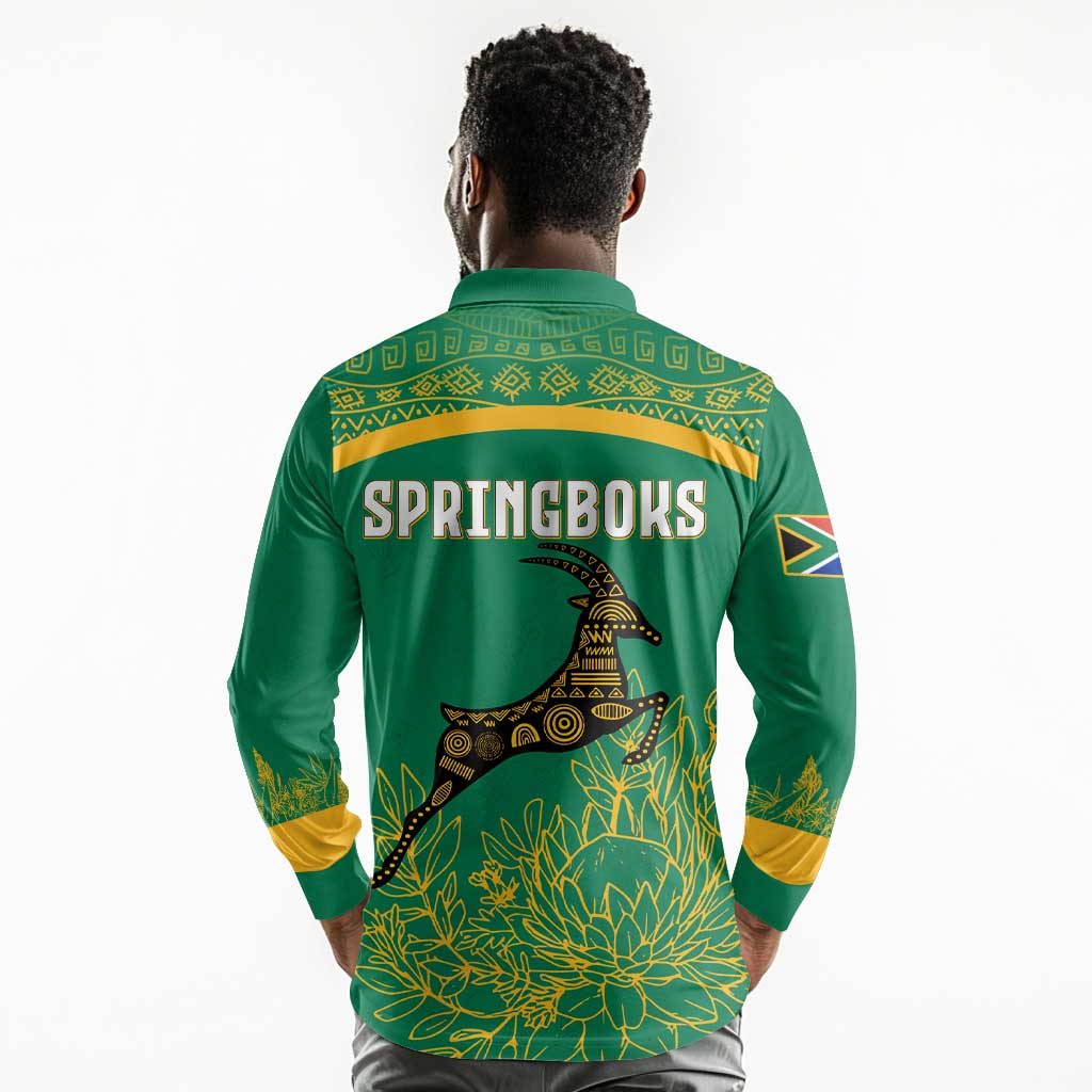 South Africa Springboks Long Sleeve Polo Shirt with Tribal Antelope Design and Floral Accents
