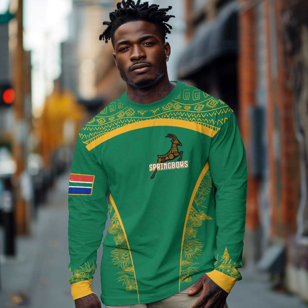 South Africa Springboks Long Sleeve Shirt with Tribal Antelope Design and Floral Accents