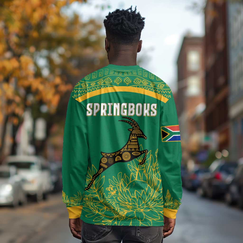 South Africa Springboks Long Sleeve Shirt with Tribal Antelope Design and Floral Accents