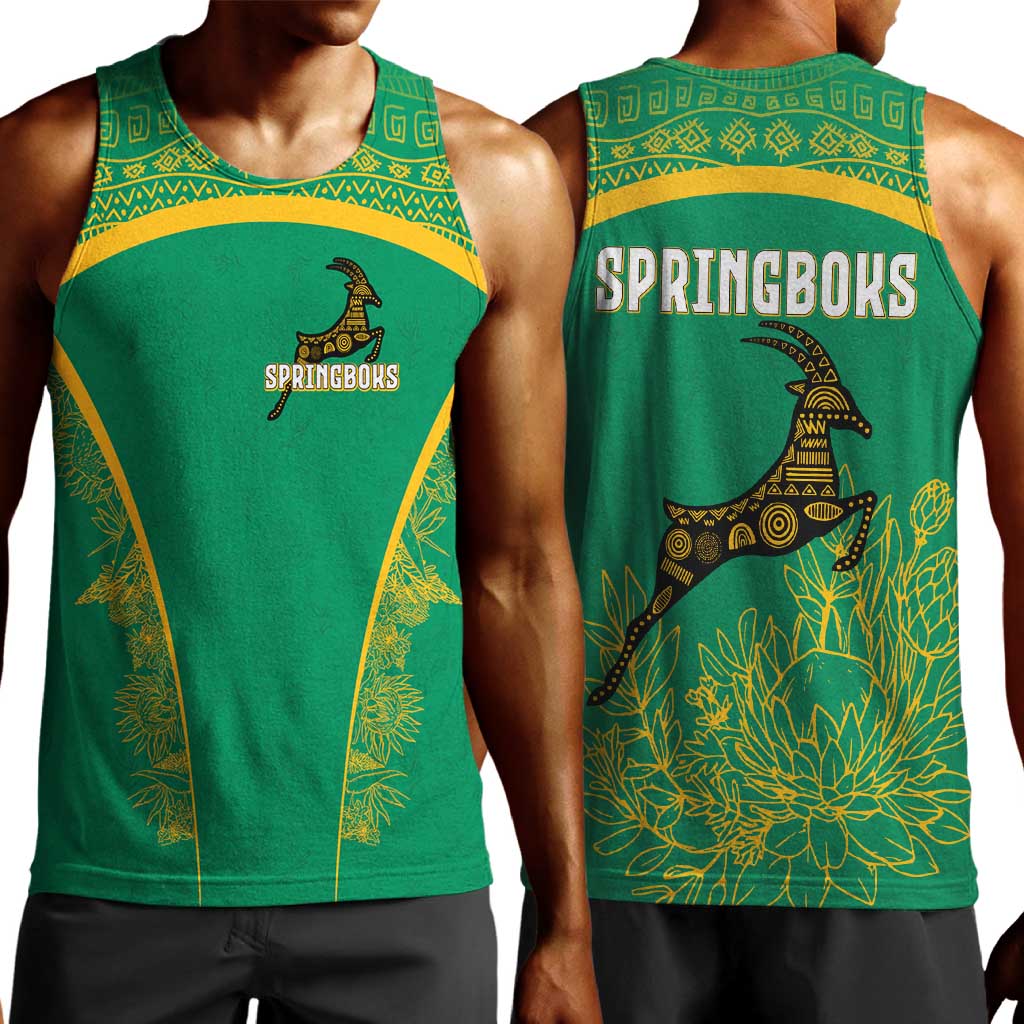 South Africa Springboks Men Tank Top with Tribal Antelope Design and Floral Accents