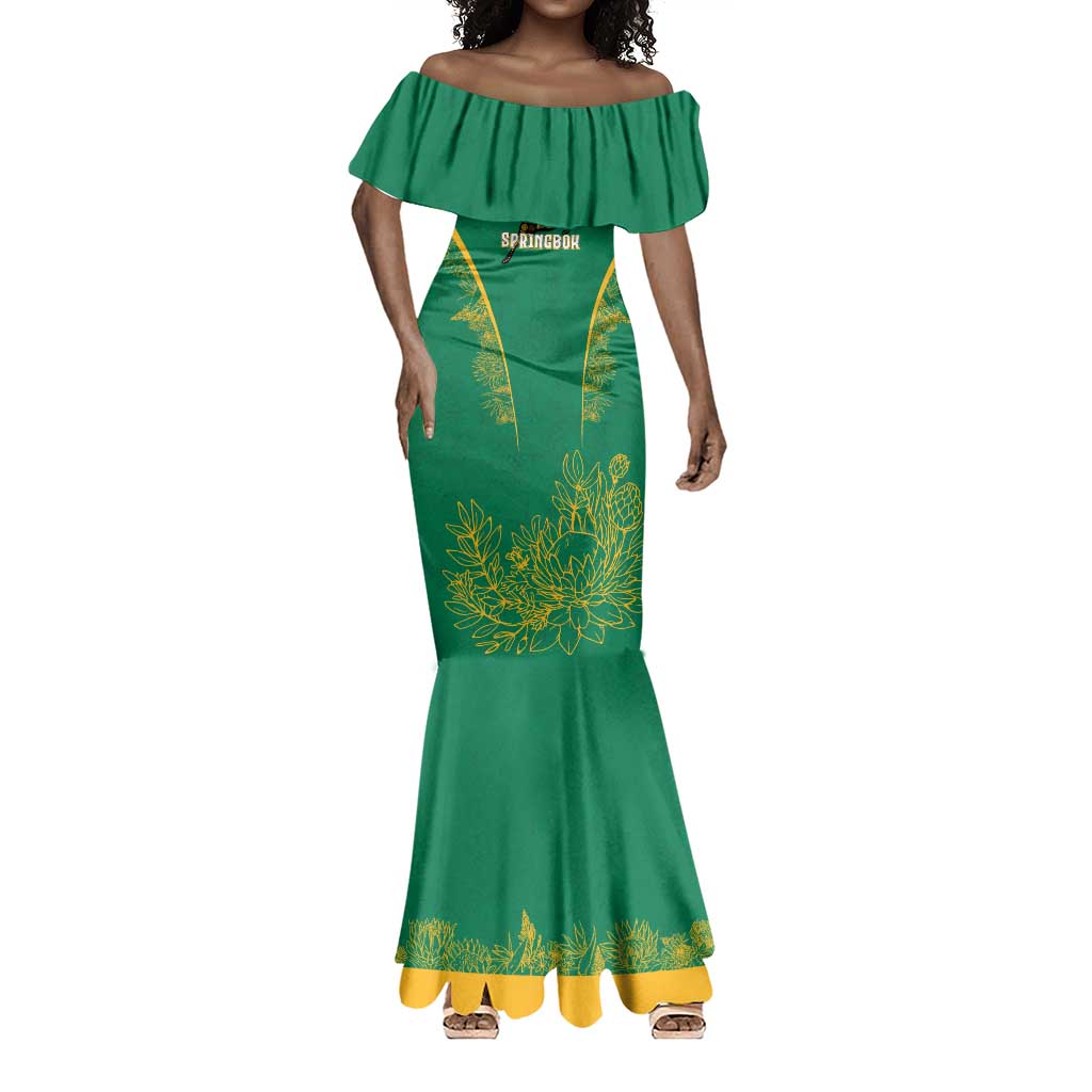 South Africa Springboks Mermaid Dress with Tribal Antelope Design and Floral Accents
