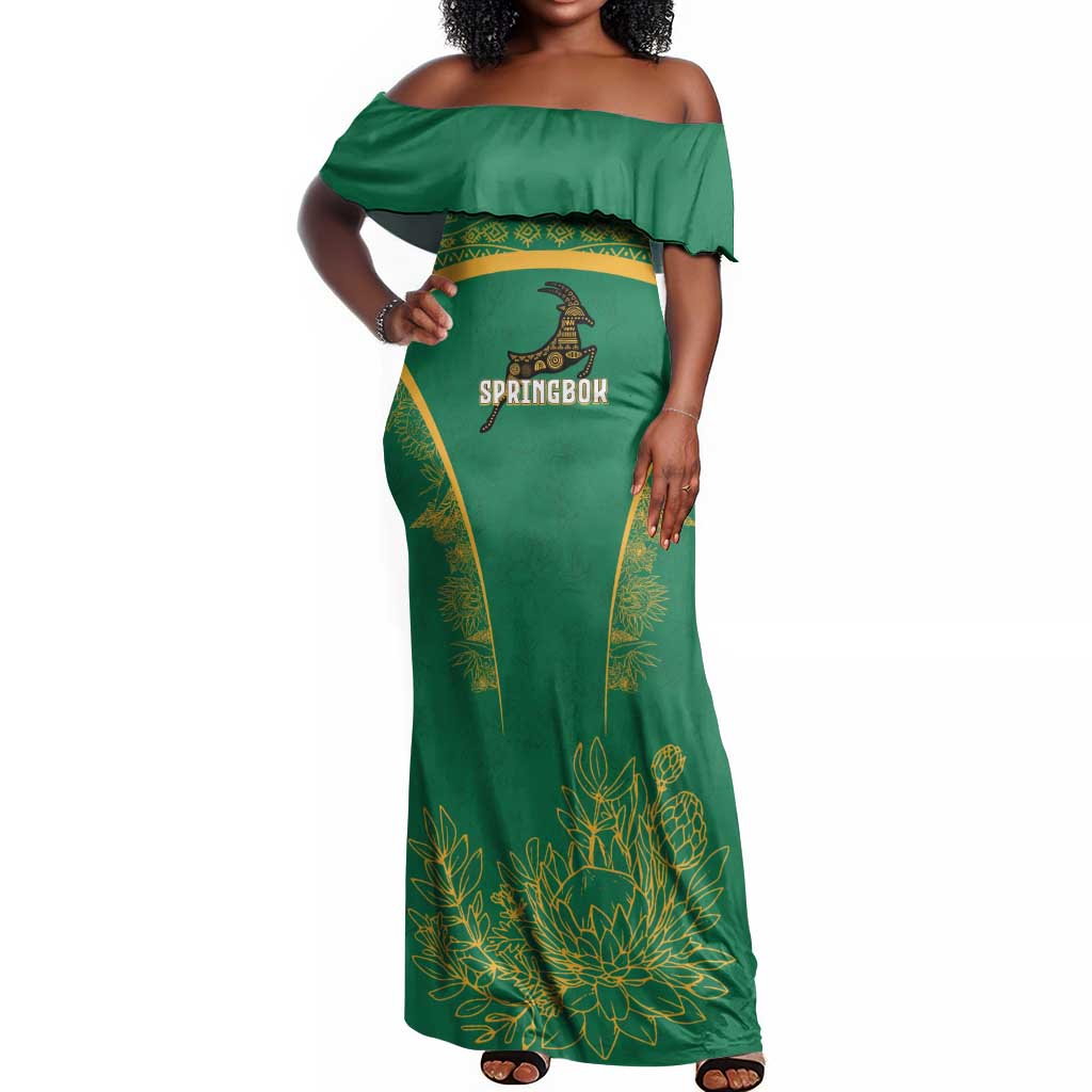 South Africa Springboks Off Shoulder Maxi Dress with Tribal Antelope Design and Floral Accents
