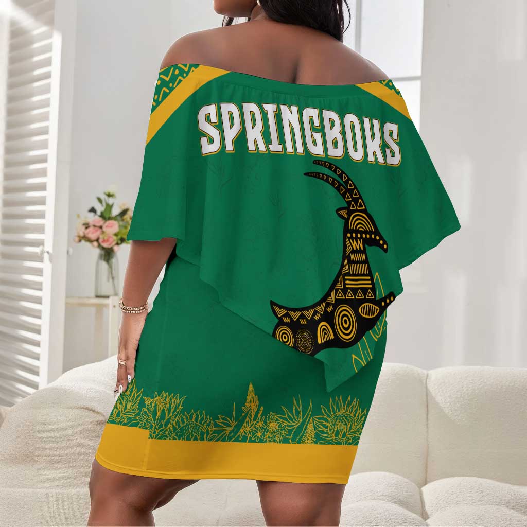 South Africa Springboks Off Shoulder Short Dress with Tribal Antelope Design and Floral Accents