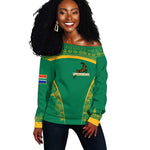 South Africa Springboks Off Shoulder Sweater with Tribal Antelope Design and Floral Accents