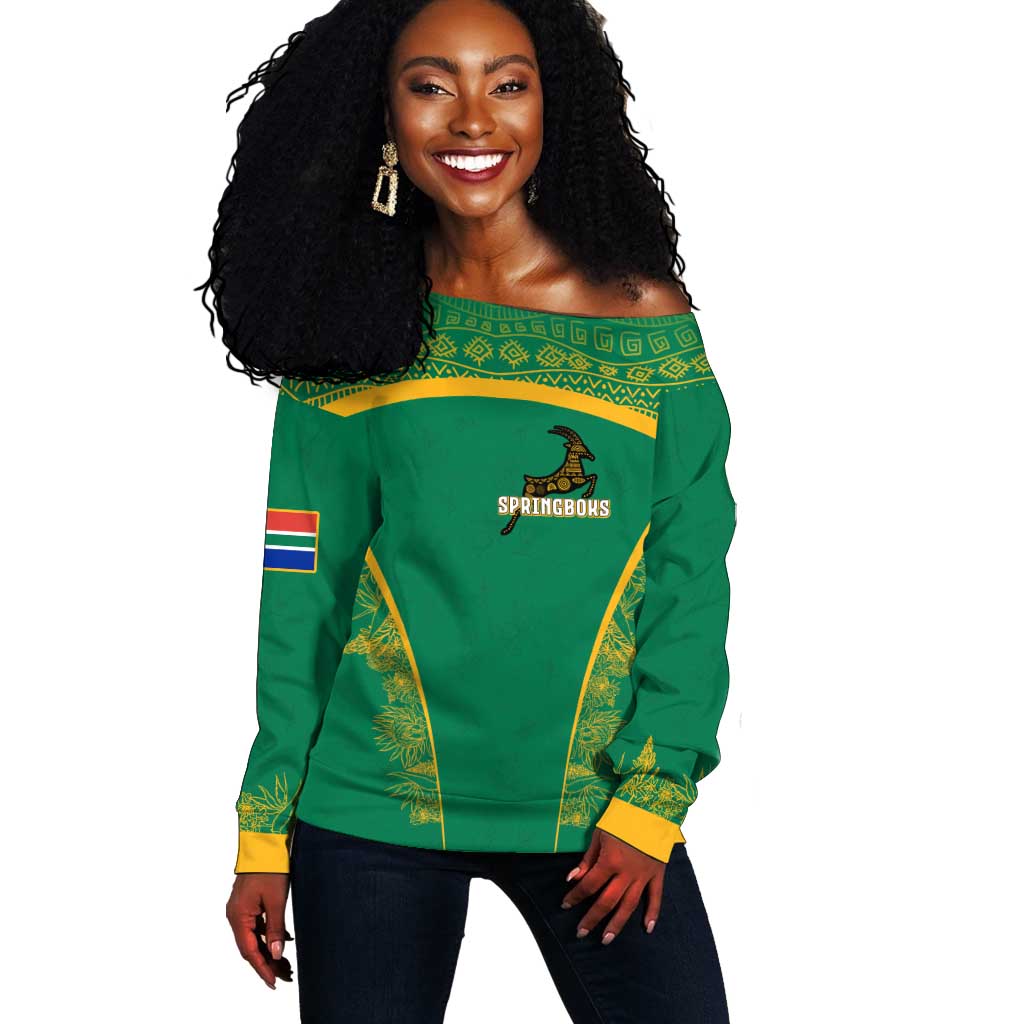 South Africa Springboks Off Shoulder Sweater with Tribal Antelope Design and Floral Accents