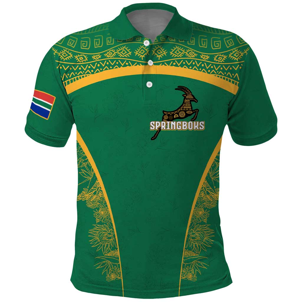 South Africa Springboks Polo Shirt with Tribal Antelope Design and Floral Accents