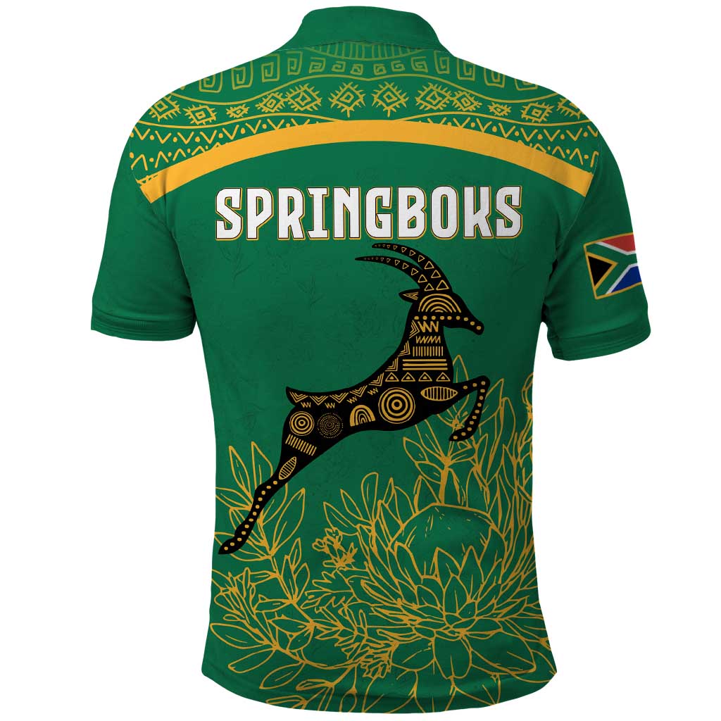 South Africa Springboks Polo Shirt with Tribal Antelope Design and Floral Accents